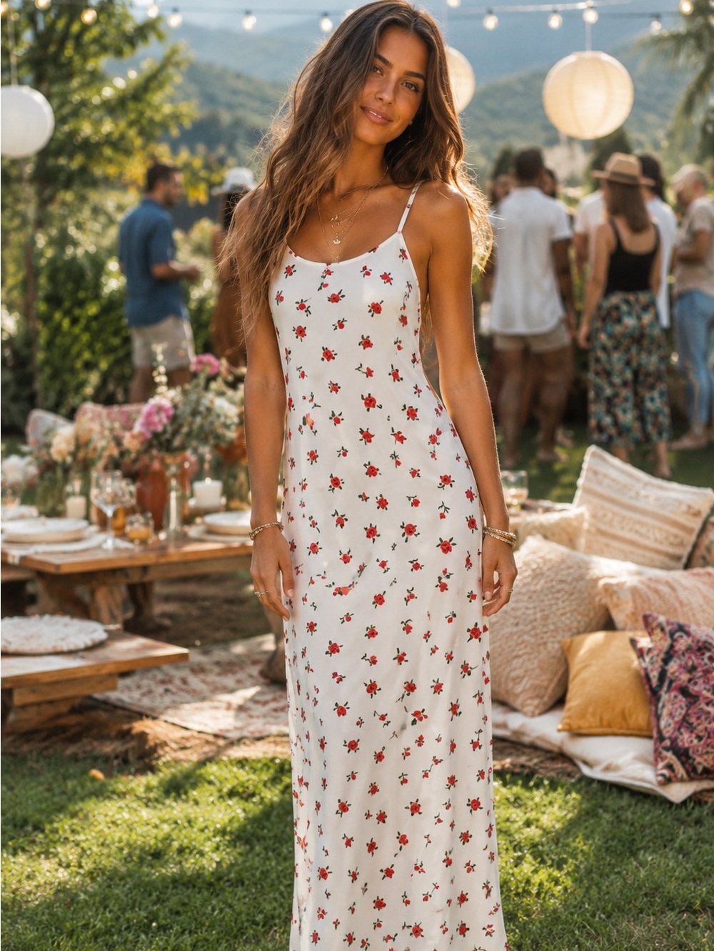 DEREK HEART Juniors Size Small White Maxi Dress With Red Flowers